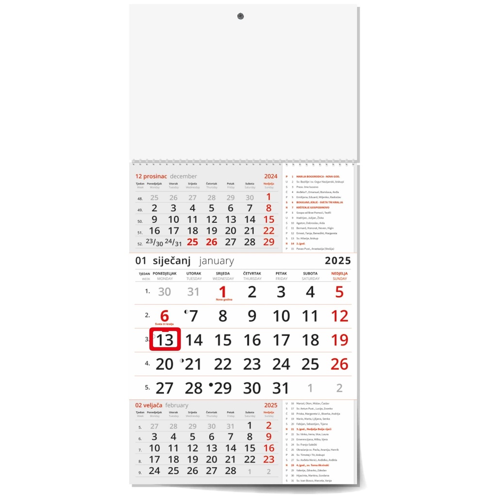 "Poslovni  CRVENI S KATOLIČKIM KALENDAROM" three month calendar, 12 sheets, format: 29,5x62cm, PVC bag, date indicator, P/50