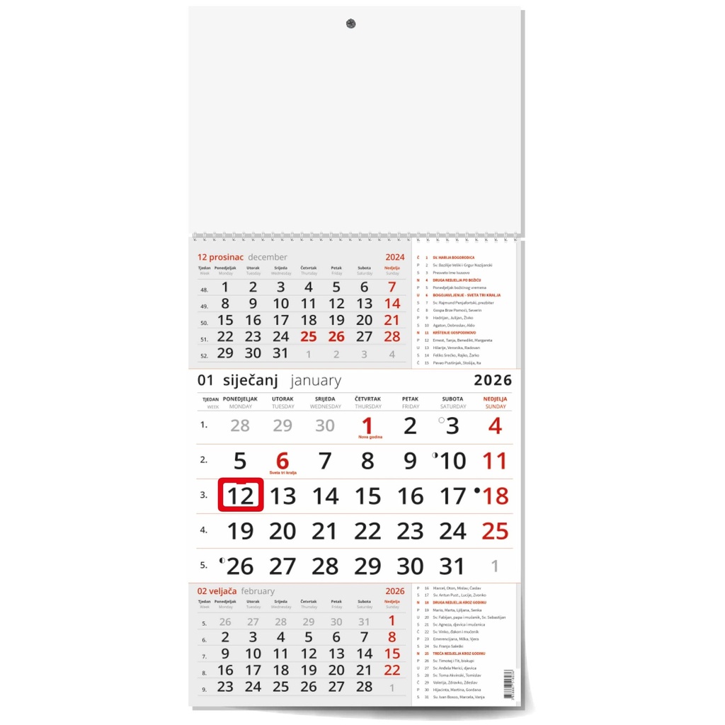 "Poslovni CRVENI S KATOLIČKIM KALENDAROM" trodjelni kalendar, 12 list., dim: 29,5x62cm, PVC vrećica, pokazivač, P/50