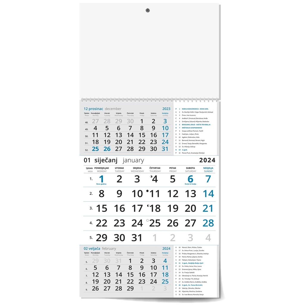 "Poslovni  PLAVI S KATOLIČKIM KALENDAROM" three month calendar, 12 sheets, format: 29,5x62cm, PVC bag, date indicator, P/50
