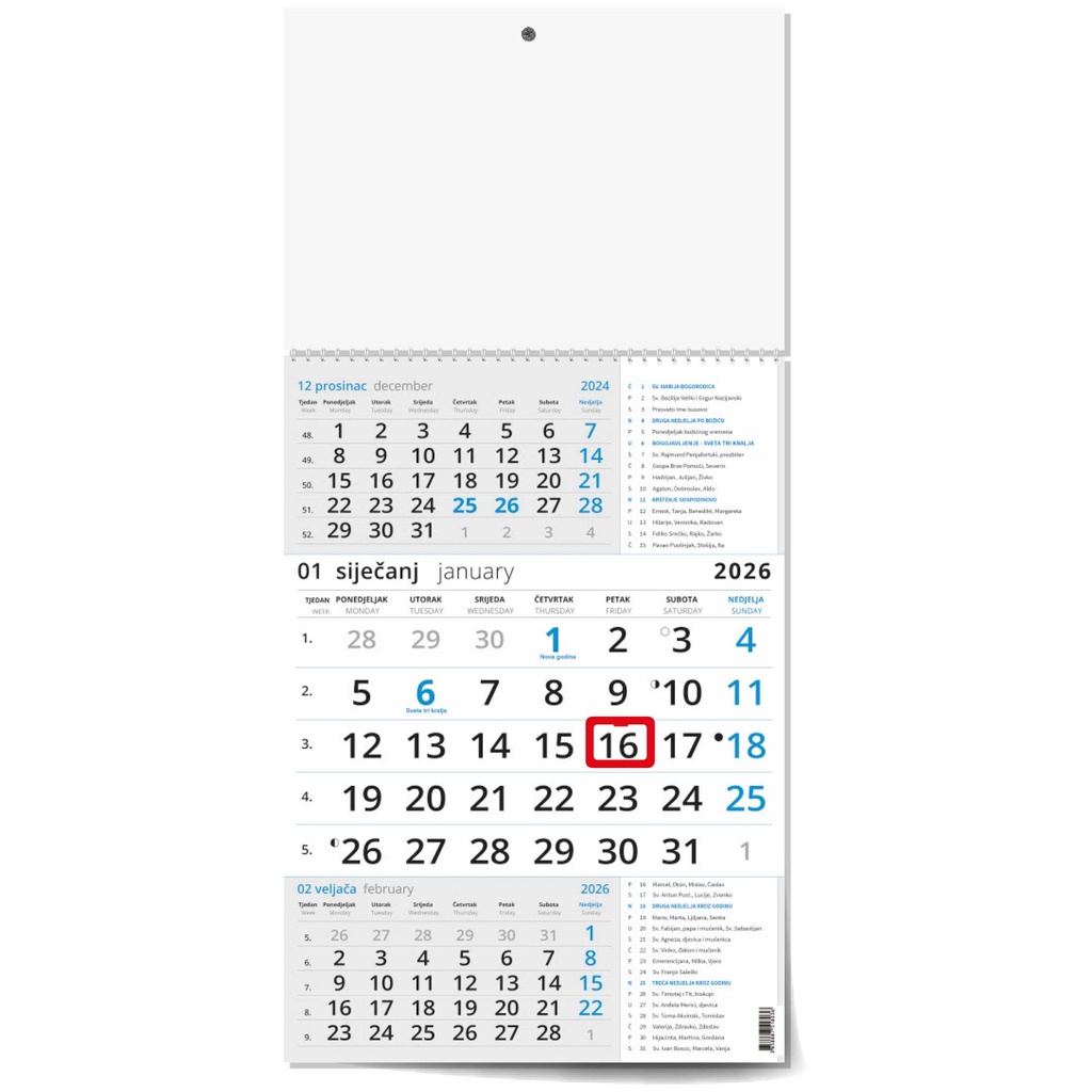 "Poslovni  PLAVI S KATOLIČKIM KALENDAROM" three month calendar, 12 sheets, format: 29,5x62cm, PVC bag, date indicator, P/50