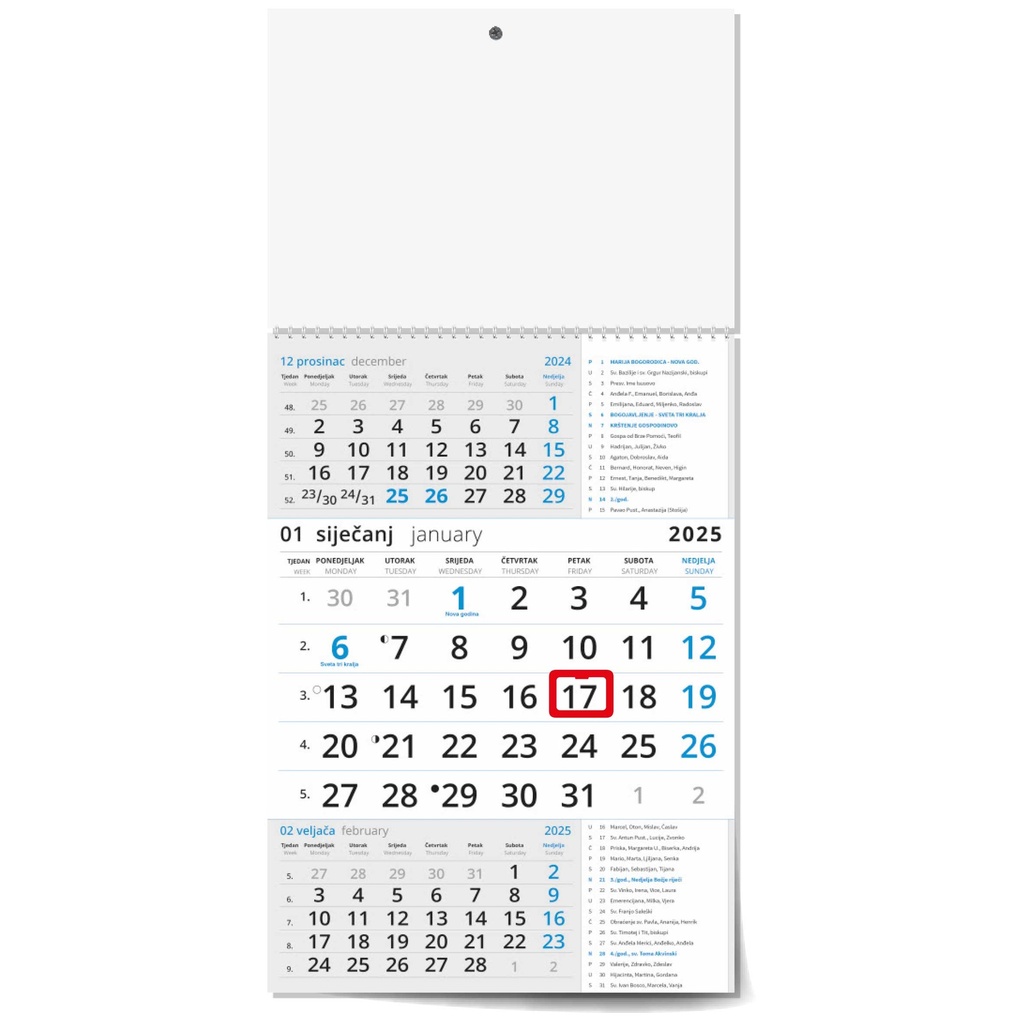 "Poslovni  PLAVI S KATOLIČKIM KALENDAROM" three month calendar, 12 sheets, format: 29,5x62cm, PVC bag, date indicator, P/50