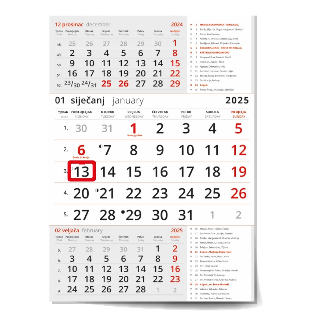 "Poslovni  CRVENI S KATOLIČKIM KALENDAROM" three month calendar, 12 sheets, format: 29,5x62cm, PVC bag, date indicator, P/50, NOT BOUND