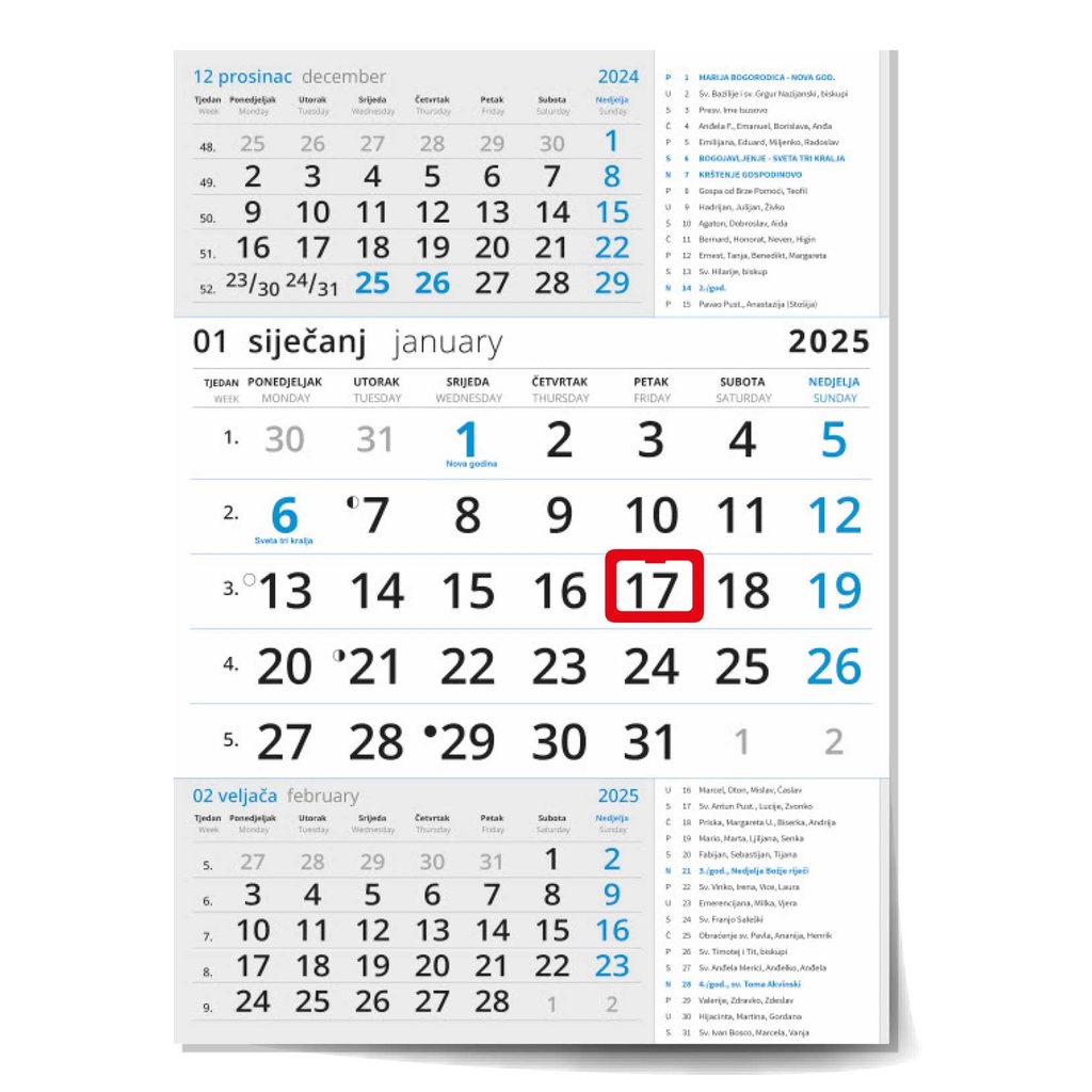 "Poslovni  PLAVI S KATOLIČKIM KALENDAROM" three month calendar, 12 sheets, format: 29,5x62cm, PVC bag, date indicator, P/50 NOT BOUND