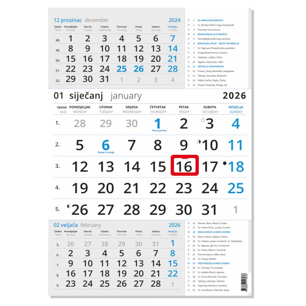 "Poslovni PLAVI S KATOLIČKIM KALENDAROM" neuvezani trodjelni kalendar, 12 list., dim: 29,5x62cm, PVC vrećica, pokazivač, P/50 NZ