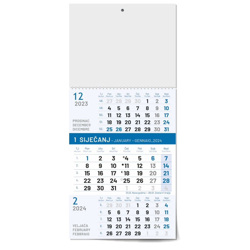 "Poslovni PLAVI" B4 trodjelni kalendar, 12 list., dim: 24x53,5 cm, PVC vrećica, pokazivač, P/50