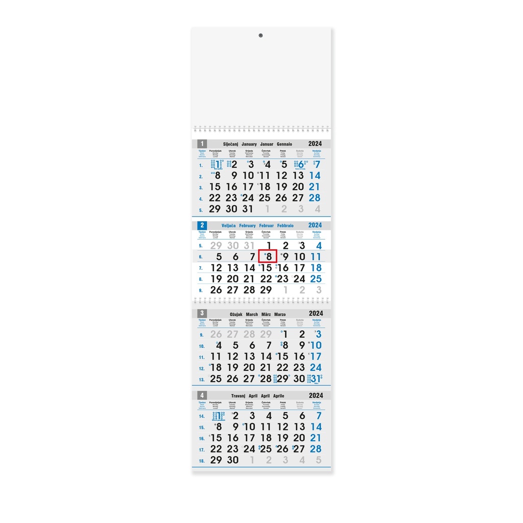 "Poslovni PLAVO-SIVI" četverodijelni kalendar, 12 list. x 2, dim: 27,5x87cm, PVC vrećica, pokazivač, P/25