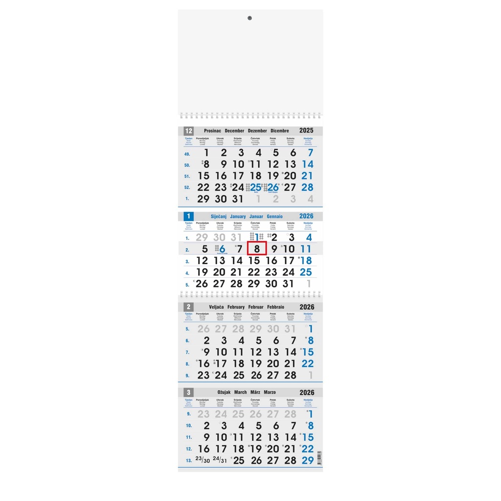 "Poslovni PLAVO-SIVI" four month calendar, 12 sheets x 2, format: 27,5x87cm, PVC bag, date indicator, P/25