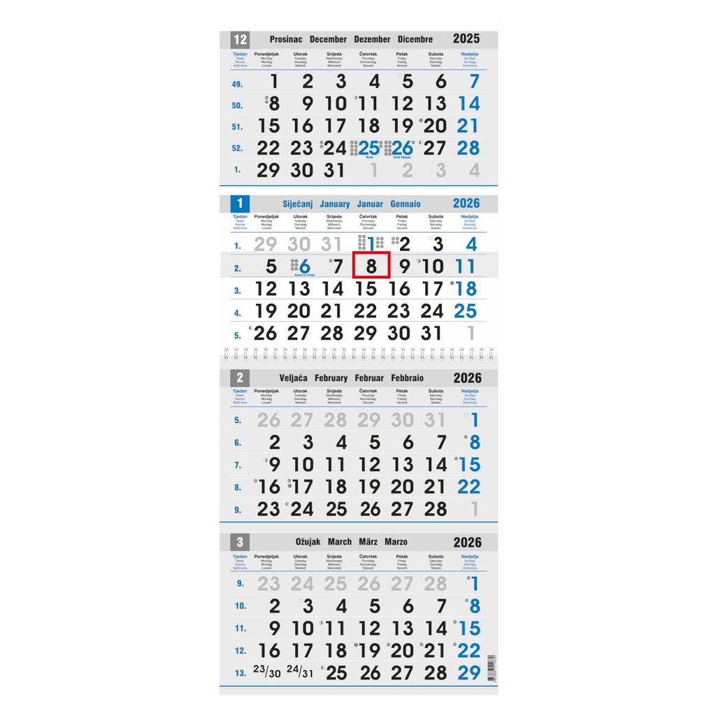 "Poslovni PLAVO-SIVI" neuvezani četverodijelni kalendar, 12 list. x 2, dim: 27,5x87cm, PVC vrećica, pokazivač, P/25 NZ