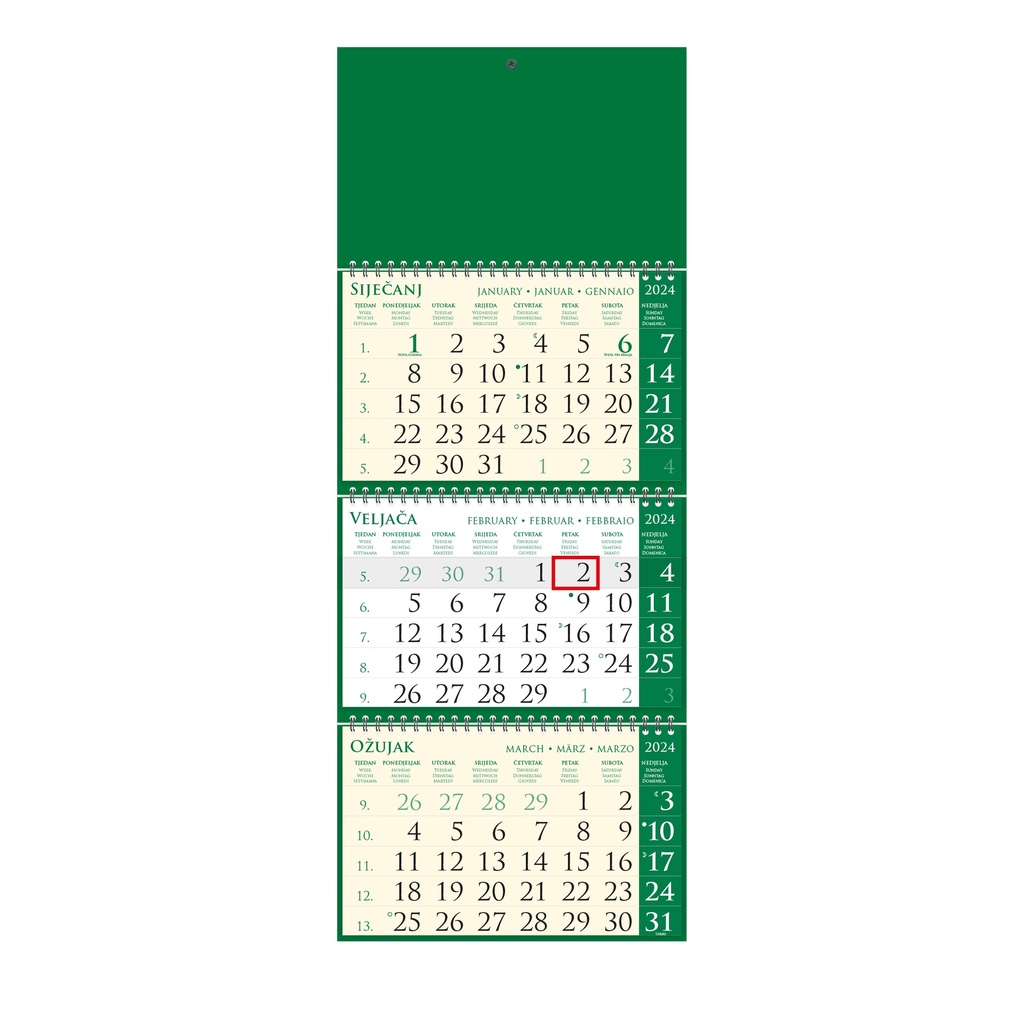 "Poslovni SIRIO Pino Verde zeleni" three month calendar, 3x12 sheets, format: 25x65cm, bag, date indicator, P/50
