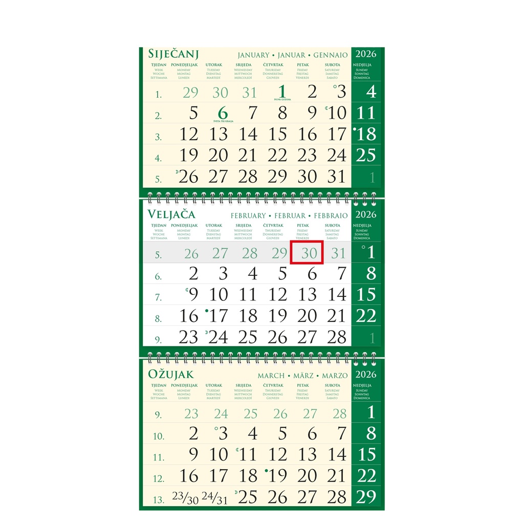 "Poslovni SIRIO pino verde ZELENI" neuvezani trodijelni kalendar, 3x12list., dim:25x68cm, vrećica, pokazivač, P/50