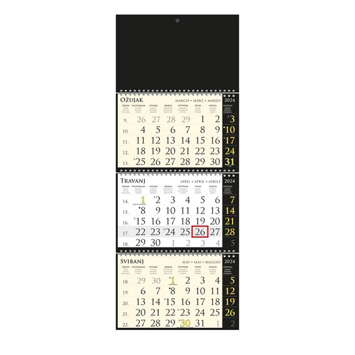 [000431] Kalendar trodjelni SIRIO "BLACK" black, spiral bound three fold (3X12sheets) 25X68cm, logo print area;25x17cm, date indicator, bag