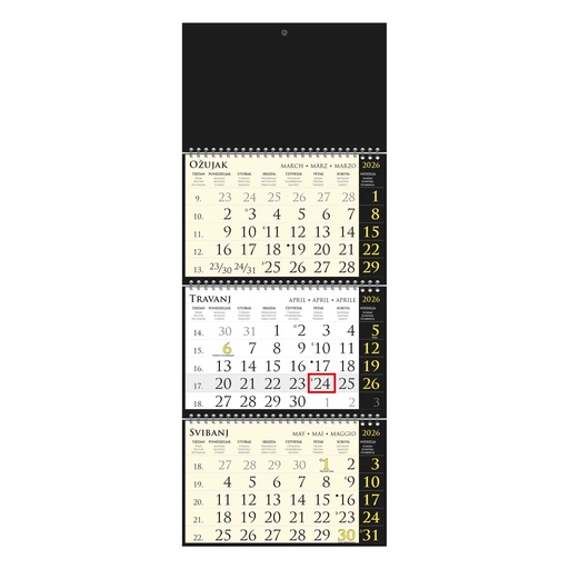 [000431] Kalendar trodjelni SIRIO "BLACK" black, spiral bound three fold (3X12sheets) 25X68cm, logo print area;25x17cm, date indicator, bag