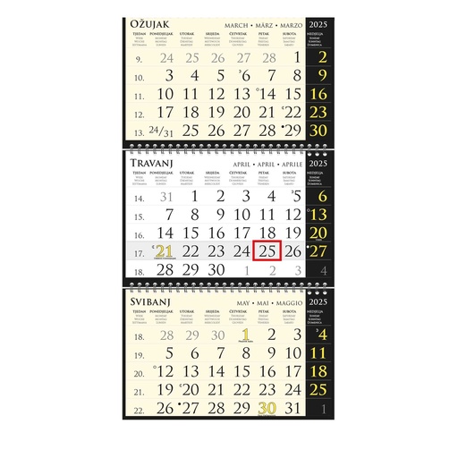 [0004310] Kalendar trodjelni SIRIO "BLACK" black, spiral bound three fold (3X12sheets) 25X68cm, logo print area;25x17cm, date indicator, bag, NOT BOUND