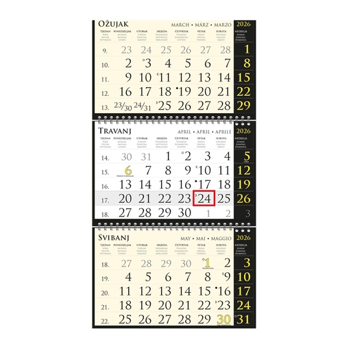 [0004310] Kalendar trodjelni SIRIO "BLACK" black, spiral bound three fold (3X12sheets) 25X68cm, logo print area;25x17cm, date indicator, bag, NOT BOUND