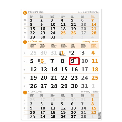 [00111380     ] "Poslovni NARANČASTI" neuvezani trodjelni kalendar, 12 list., dim: 29,5x62cm, PVC vrećica, pokazivač, P/50 NZ