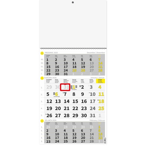 [0011139] "Poslovni ŽUTO-SIVI" three month calendar, 12 sheets, format:29,5x62cm, PVC bag, P/50