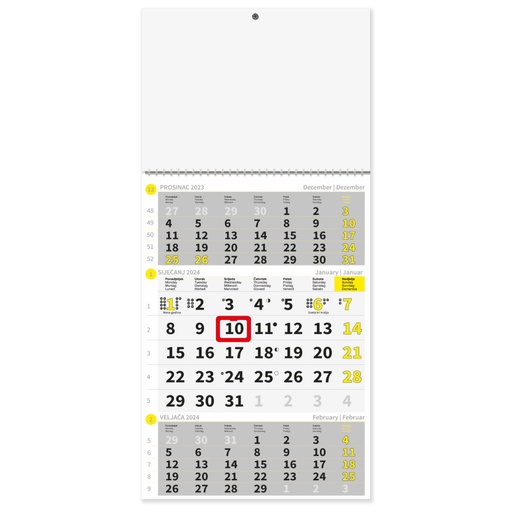 [0011139] "Poslovni ŽUTO-SIVI" three month calendar, 12 sheets, format:29,5x62cm, PVC bag, P/50