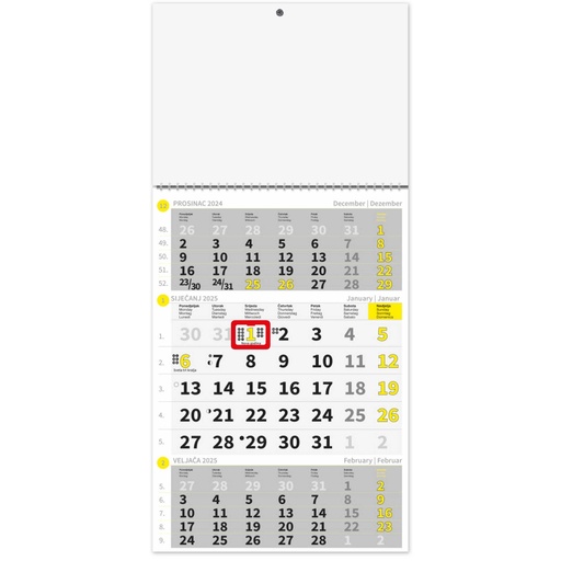 [0011139] "Poslovni ŽUTO-SIVI" trodjelni kalendar, 12 list., dim:29,5x62cm, PVC vrećica, P/50