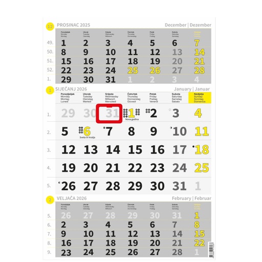 [00111390] "Poslovni ŽUTO-SIVI" neuvezani trodjelni kalendar, 12 list., dim:29,5x62cm, PVC vrećica, P/60