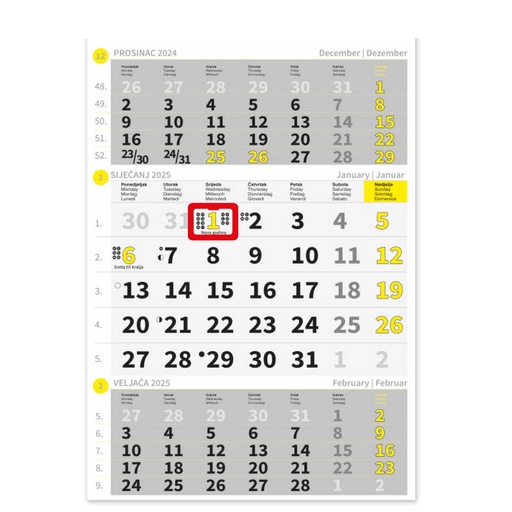 [00111390] "Poslovni ŽUTO-SIVI" three month calendar, 12 sheets, format:29,5x62cm, PVC bag, P/60, NOT BOUND