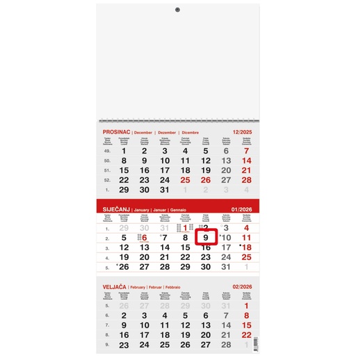 [001125] "Poslovni  SIVO-CRVENI" trodjelni kalendar, 12 list., dim: 29,5x62cm, PVC vrećica, pokazivač, P/50 