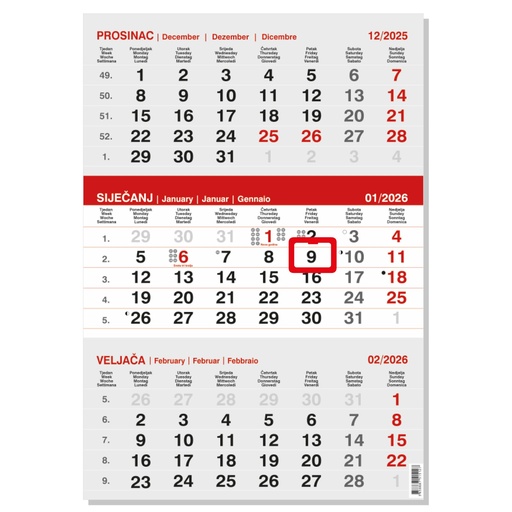 [0011250      ] "Poslovni SIVO-CRVENI" neuvezani trodjelni kalendar, 12 list., dim: 29,5x20cm, neuvezani PVC vrećica, pokazivač, P/50