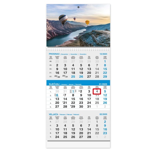 [001127] "Poslovni SIVO-PLAVI" trodjelni kalendar s fotografijom, 12 list., dim: 29,5x62cm, PVC vrećica, pokazivač, P/50