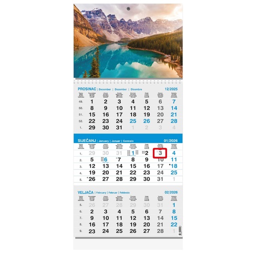 [001127] "Poslovni SIVO-PLAVI" trodjelni kalendar s fotografijom, 12 list., dim: 29,5x62cm, PVC vrećica, pokazivač, P/50