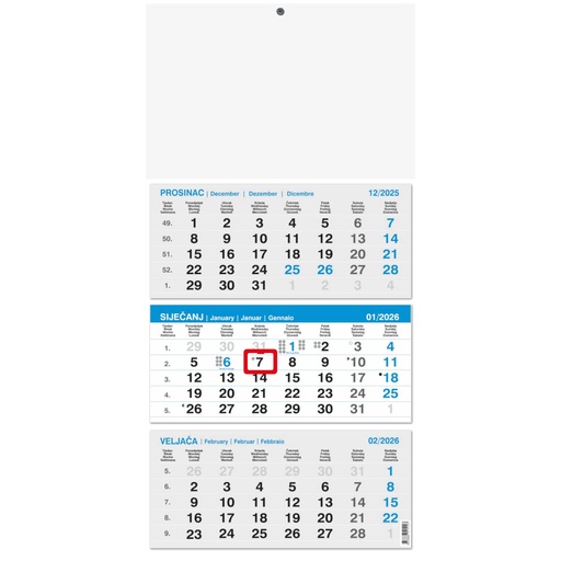 [001890] "Poslovni PLAVI iz tri dijela" ljepljeni, trodjelni kalendar, 12 list., dim: 29,5x62cm, PVC vrećica, pokazivač, P/500