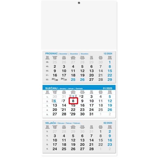 [001890] "Poslovni PLAVI iz tri dijela" ljepljeni, trodjelni kalendar, 12 list., dim: 29,5x62cm, PVC vrećica, pokazivač, P/50