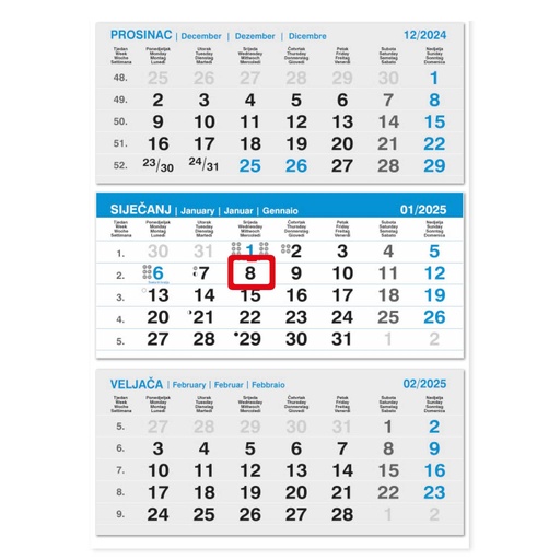 [0018900] "Poslovni  PLAVI iz tri dijela" glued, three month calendar, 12 sheets, format: 29,5x62cm, PVC bag, date indicator, P/50 NOT BOUND