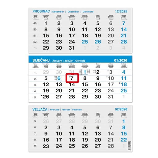 [0018900] "Poslovni PLAVI iz tri dijela" ljepljeni, neuvezani,  trodjelni kalendar, 12 list., dim: 29,5x62cm, PVC vrećica, pokazivač, P/50 NEUVEZANI