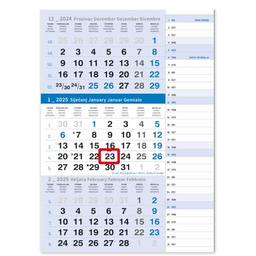 [0004700] "Poslovni PLAVI PLANER" trodjelni kalendar, 12 list., dim: 29,5x62cm, neuvezani NZ PVC vrećica, pokazivač, P/50