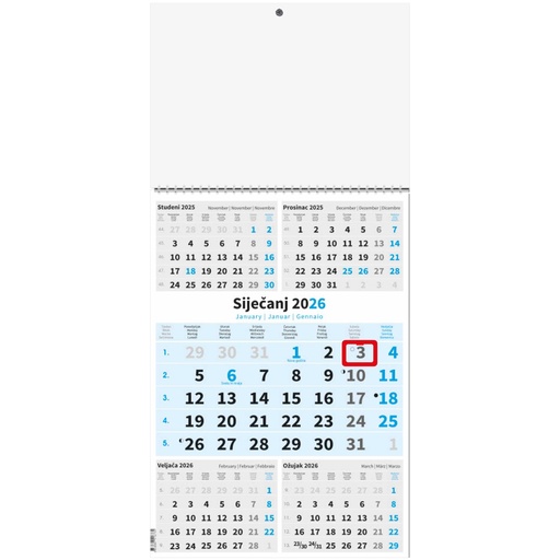 [000124] " Poslovni PLAVI 5 mj." three month calendar, 12 sheets, format: 29,5x62cm, PVC bag, date indicator, P/50