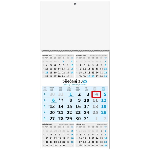 [000124] " Poslovni PLAVI 5 mj." trodjelni kalendar, 12 list., dim: 29,5x62cm, PVC vrećica, pokazivač, P/50