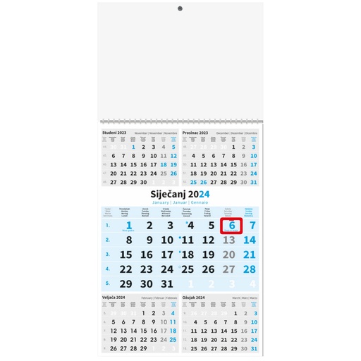 [000124] " Poslovni PLAVI 5 mj." trodjelni kalendar, 12 list., dim: 29,5x62cm, PVC vrećica, pokazivač, P/50