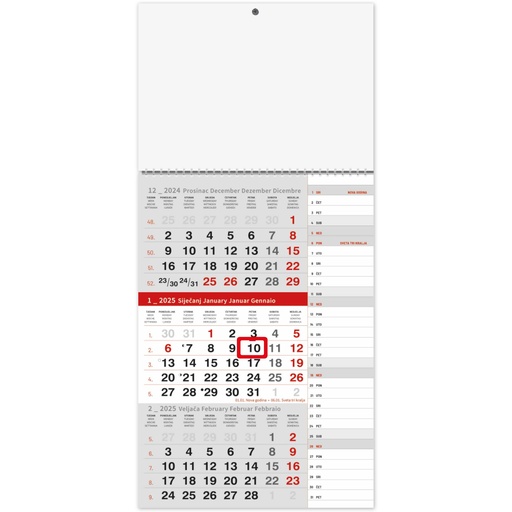 [002176] "Poslovni SIVO CRVENI planer" three month calendar, 12 sheets, format: 29,5x62cm, PVC bag, date indicator, P/50