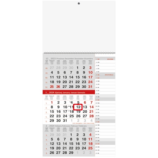 [002176] "Poslovni SIVO CRVENI planer" trodjelni kalendar, 12 list., dim: 29,5x62cm, PVC vrećica, pokazivač, P/50
