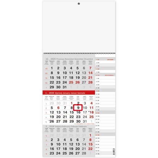 [002176] "Poslovni SIVO CRVENI planer" trodjelni kalendar, 12 list., dim: 29,5x62cm, PVC vrećica, pokazivač, P/50