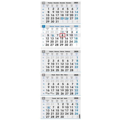 [0022330] KALENDAR POSLOVNI PETERODIJELNI PLAVO/SIVI 5 - part, 80gr, format: 27,5x102 cm, date indicator, PVC bag, P/25, NOT BOUND