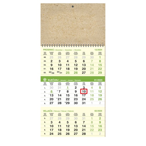 [004382] Kalendar trodjelni poslovni EKO ZELENI, spiral bound (12 sheets), format:29,5x62 cm, logo print area:29,5x20cm, date indicator, bag (recycled paper)