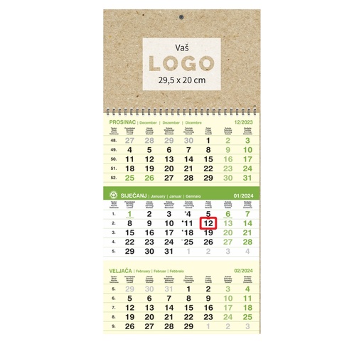 [004382] Kalendar trodjelni poslovni EKO ZELENI, spiral bound (12 sheets), format:29,5x62 cm, logo print area:29,5x20cm, date indicator, bag (recycled paper)