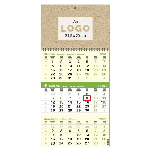 [004382] Kalendar trodjelni poslovni EKO ZELENI, spiral bound (12 sheets), format:29,5x62 cm, logo print area:29,5x20cm, date indicator, bag (recycled paper)