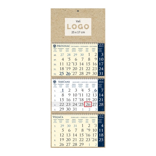 [004383] Kalendar trodjelni sirio EKO TAMNO PLAVI, spiral bound three fold (3x12 sheets) 25x65cm, date indicator, bag (recycled paper), P/50