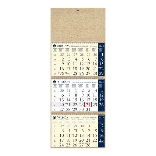 [004383] Kalendar trodjelni sirio EKO TAMNO PLAVI, spiral bound three fold (3x12 sheets) 25x65cm, date indicator, bag (recycled paper), P/50