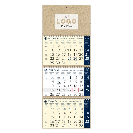 [004383] Kalendar trodjelni sirio EKO TAMNO PLAVI, spiral bound three fold (3x12 sheets) 25x65cm, date indicator, bag (recycled paper), P/50