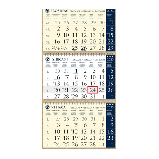 [0043830] Kalendar trodjelni sirio EKO TAMNO PLAVI, spiral bound three fold (3x12 sheets) 25x65cm, date indicator, bag (recycled paper), P/50 "not bound"