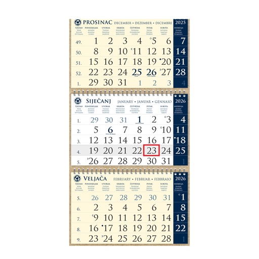 [0043830] Kalendar trodjelni sirio EKO TAMNO PLAVI, spiral bound three fold (3x12 sheets) 25x65cm, date indicator, bag (recycled paper), P/50 "not bound"