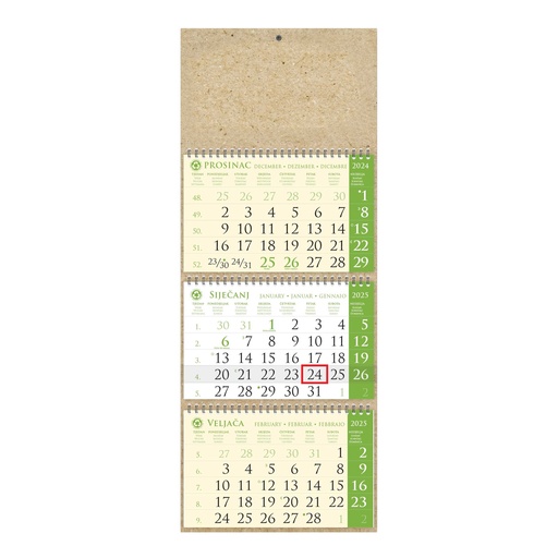 [02177] Kalendar trodjelni sirio EKO ZELENI, 3 dijela spirala (3x12 l) 25x65cm, pok, vrećica (reciklirani papir), P/50