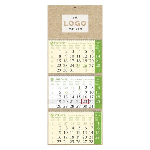[02177] Kalendar trodjelni sirio EKO ZELENI, spiral bound three fold (3x12 sheets) 25x65cm, date indicator, bag (recycled paper), P/50